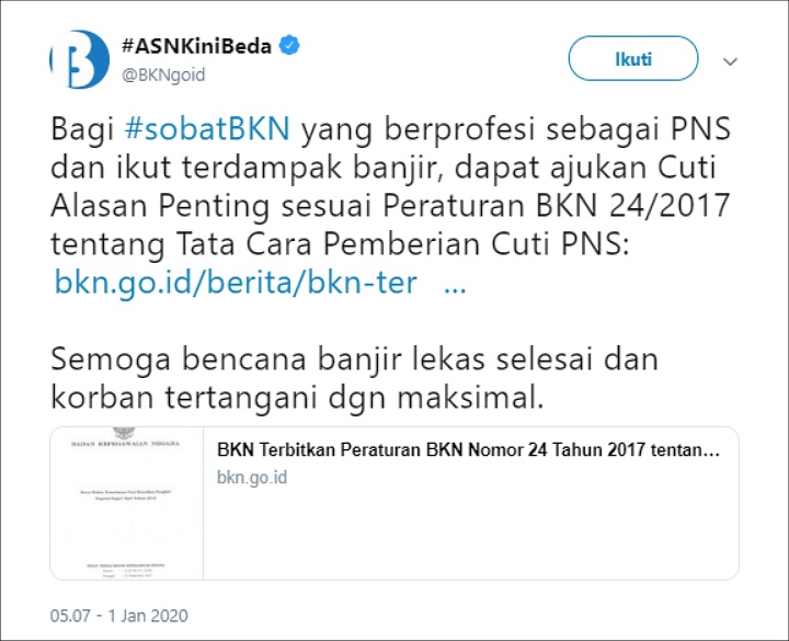PNS Dapat Ajukan Cuti Karena Jadi Korban Banjir