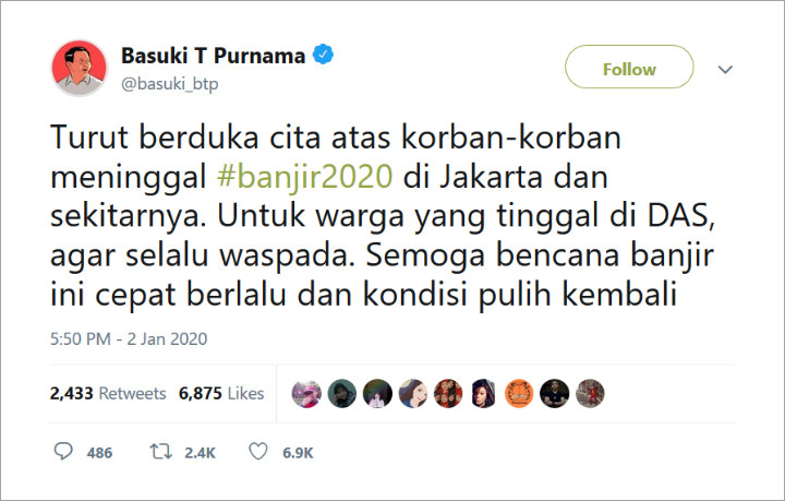Ahok Berduka Cita Akibat Banjir Jakarta