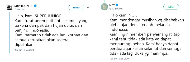Super Junior dan NCT Sampaikan Keprihatinan Terkait Banjir Jakarta dalam Bahasa Indonesia