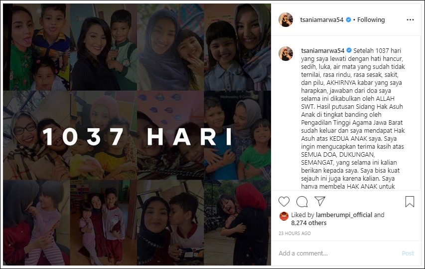 Butuh Waktu 1037 Hari, Tsania Marwa Tulis Pesan Haru Usai Resmi Dapatkan Hak Asuh Kedua Anak