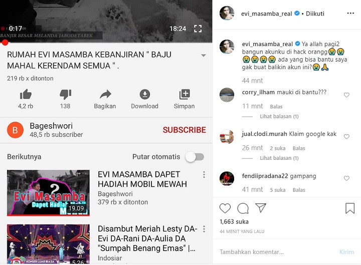 Akun YouTube Evi Masamba Di-hack