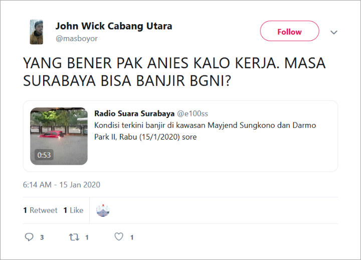 Surabaya Banjir Buat Anies Kembali \'Disentil\', Kog Bisa?