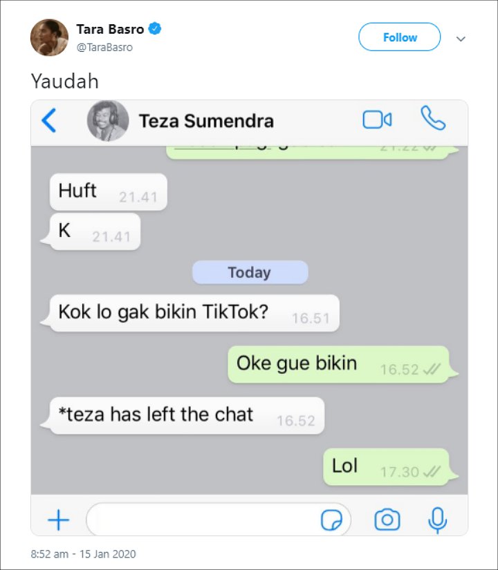 Percakapan WhatsApp Teza Sumendra dan Tara Basro