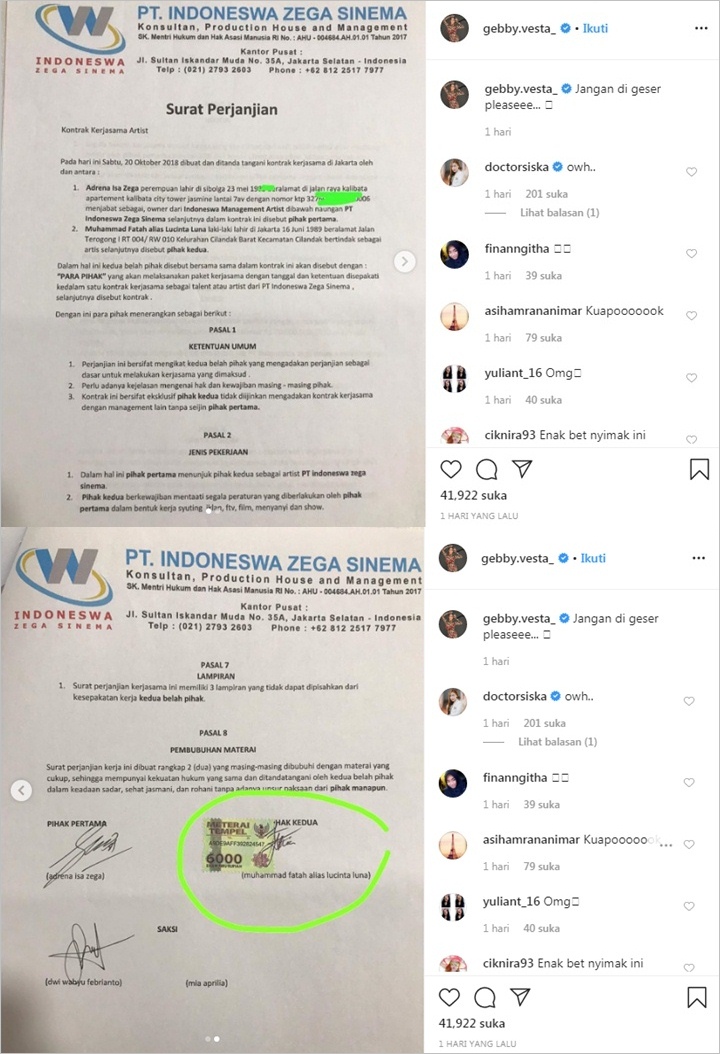 Gebby Vesta Kembali Bongkar Jati Diri Lucinta Luna Lewat Postingan Surat Perjanjian Kerja