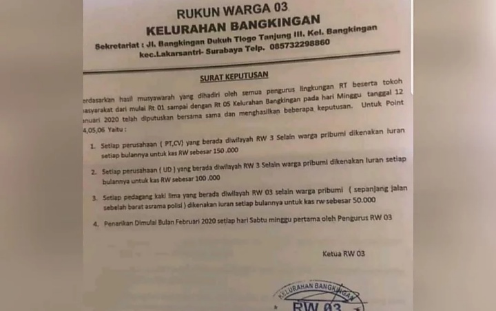 Surat Iuran RW Dua Kali Lipat 'Nonpribumi' Jadi Viral, Ini Kata Pemkot Surabaya