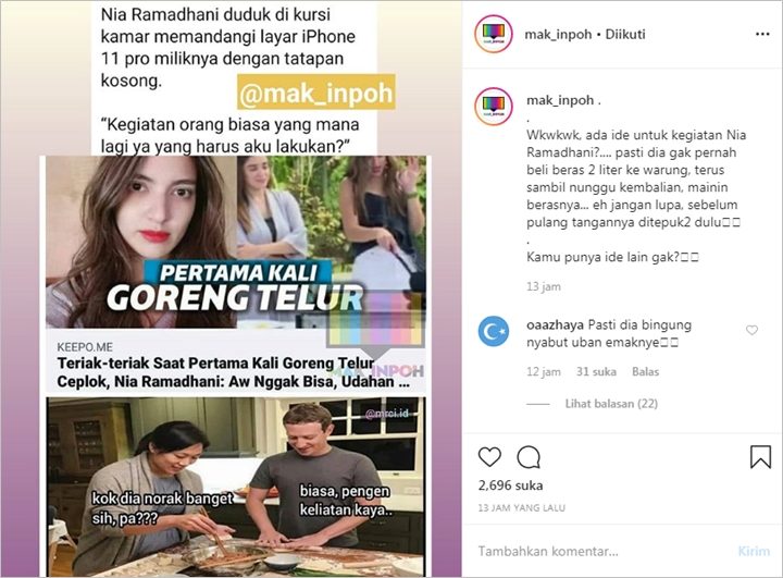 Beredar Meme Kocak Nia Ramadhani \'Diejek\' Bos Facebook Usai Gagal Masak Telur Ceplok