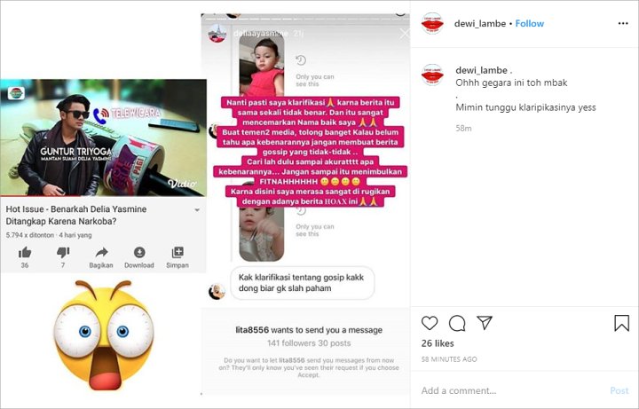 InstaStory Delia Yasmine Soal Isu Ditangkap Karena Pakai Narkoba