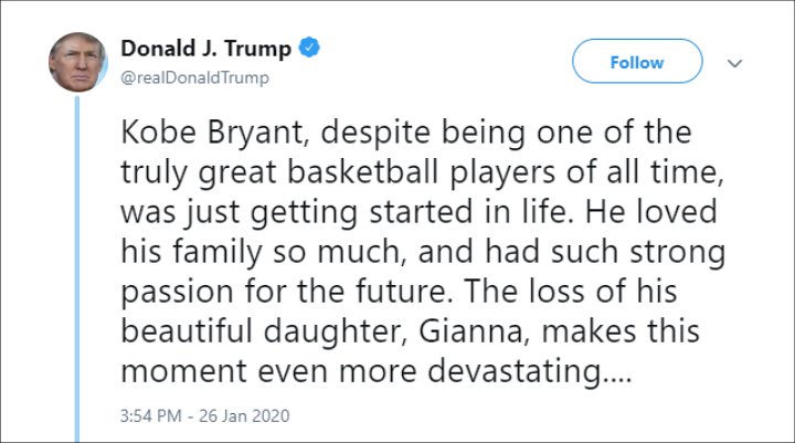 Trump Berduka Atas Meninggalnya Kobe Bryant