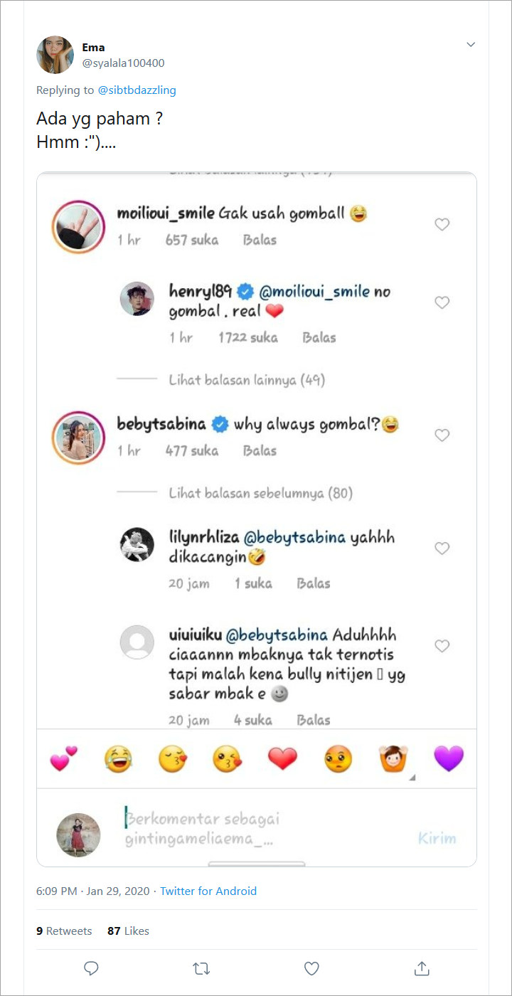 Komentar Beby Tsabina di Postingan Instagram Henry Lau