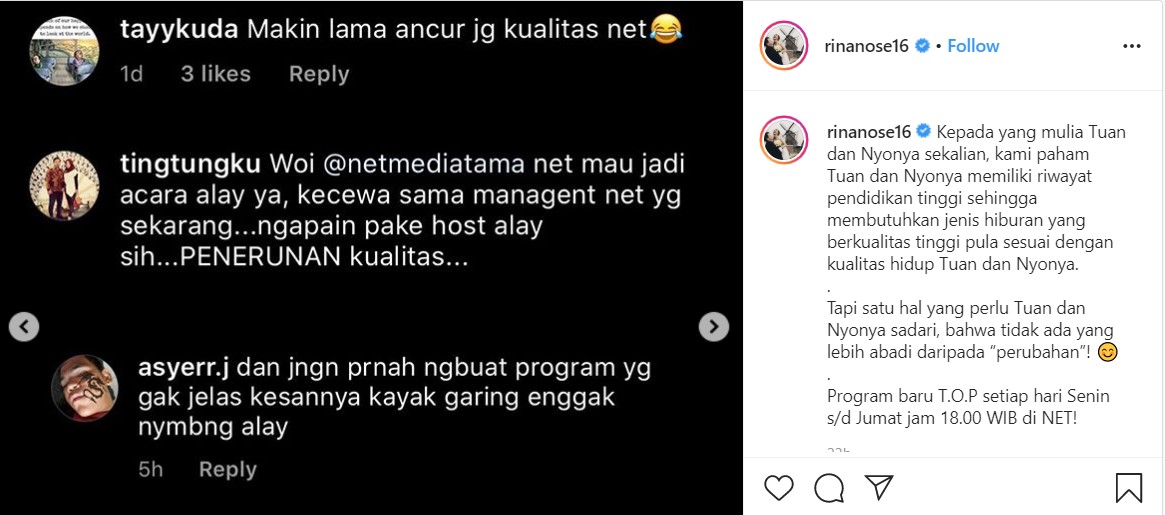 Rina Nose Buka Suara Ketika NET TV Disebut Jadi Alay Karena Kehadirannya