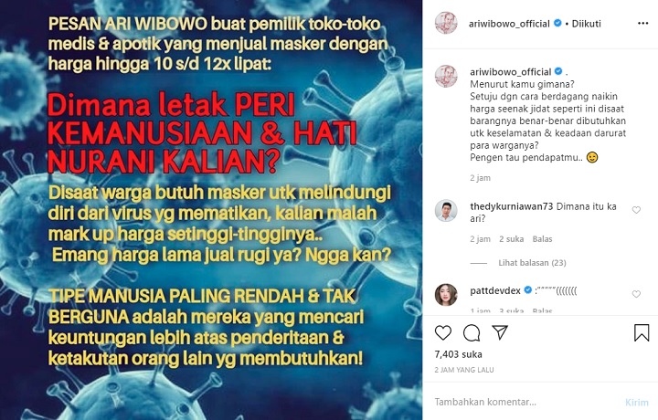 Ari Wibowo Geram Terkait Harga Masker yang Dijual Mahal