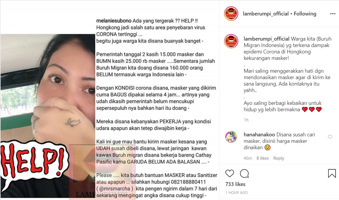 Melanie Subono Lakukan Penggalangan Dana Untuk WNI Di Hong Kong Yang Kekurangan Masker
