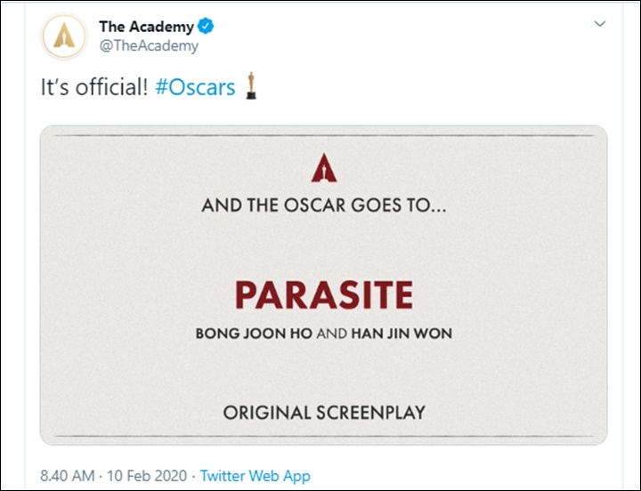 Oscar 2020: \'Parasite\' Menang Best Original Screenplay, Bong Joon Ho Bangga Bawa Nama AsiaOscar 2020: \'Parasite\' Menang Best Original Screenplay, Bong Joon Ho Bangga Bawa Nama Asia
