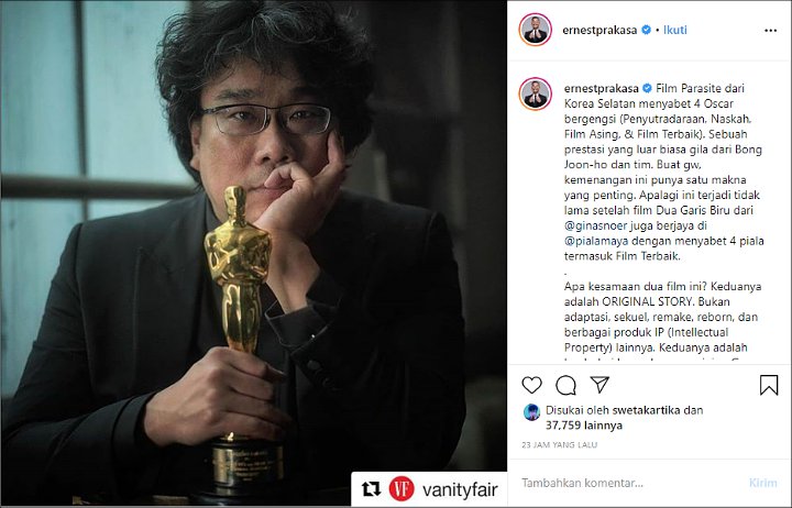 Ernest Prakasa Ungkap Makna Penting Kemenangan \'Parasite\' dan Kesamaan dengan Film \'Dua Garis Biru\'