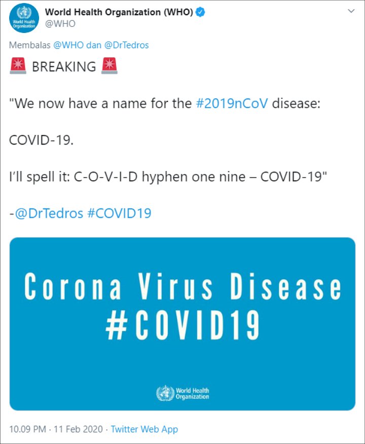 WHO Beri Nama Resmi Virus Corona