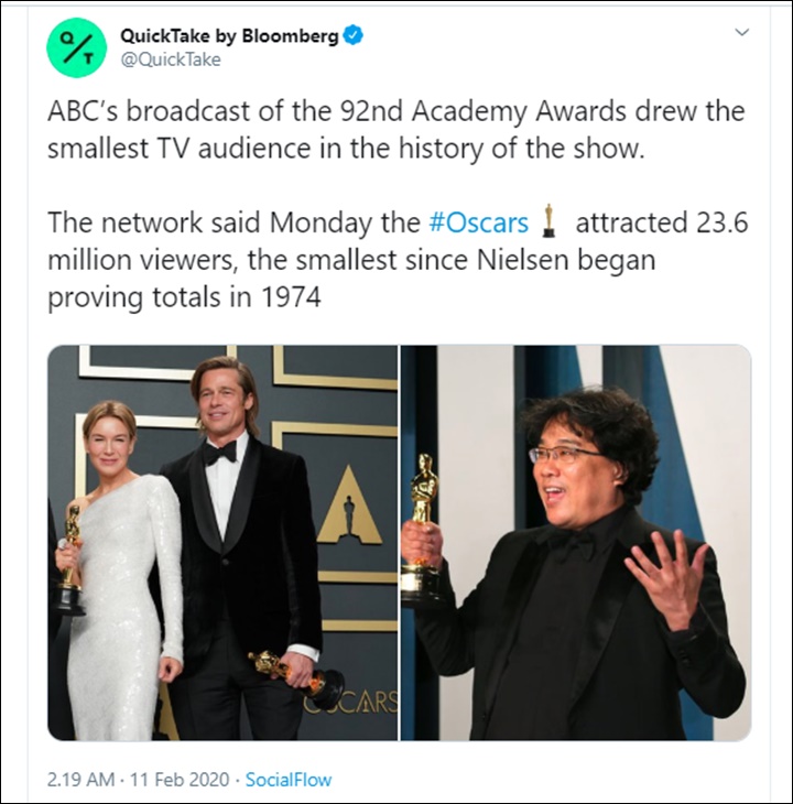 \'Parasite\' Menang Best Picture, Rating Oscar 2020 Justru Paling Jeblok Sepanjang Sejarah\'Parasite\' Menang Best Picture, Rating Oscar 2020 Justru Paling Jeblok Sepanjang Sejarah