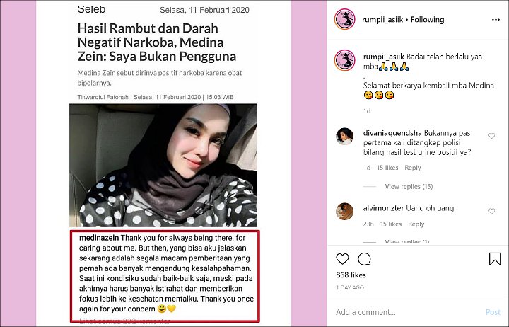 Medina Zein Ungkap Kondisi Terkini Setelah Dinyatakan Negatif Narkoba