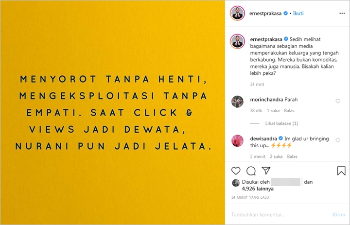 Ernest Prakasa Anggap Media Eskploitasi Berita Duka Demi Jumlah Pembaca, Pertanyakan Hati Nurani