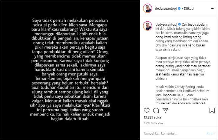 Dedy Susanto Bantah Lecehkan Klien, Netter Tantang Lapor Polisi