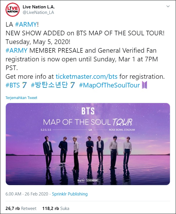 BTS Dipastikan Bakal Gelar 3 Hari Konser \'Map Of The Soul Tour\' Di Rose Bowl Stadion