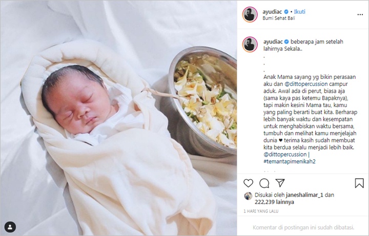 Ayudia Bing Slamet Unggah Foto Sekala Baru Lahir, Ungkap Rasa Sayang Meski Dulu Sempat Ingin Dibuang