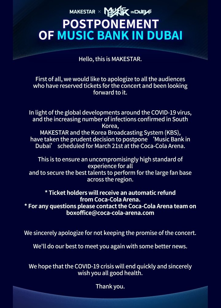 Promotor Umumkan \'Music Bank In Dubai\' Resmi Ditunda Karena Wabah Virus Corona