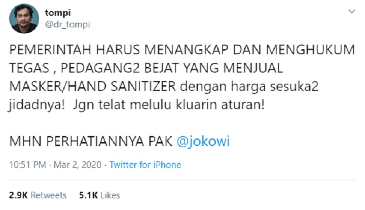 Tompi Akui Geram dengan Pedagang Masker Sampai \'Menggandeng\' Presiden Jokowi