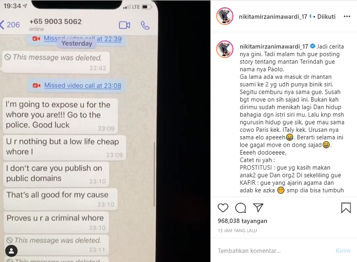 Nikita Mirzani Diteror Mantan Suami Kedua, Beber Bukti Belum Move On Meski Sudah Beristri