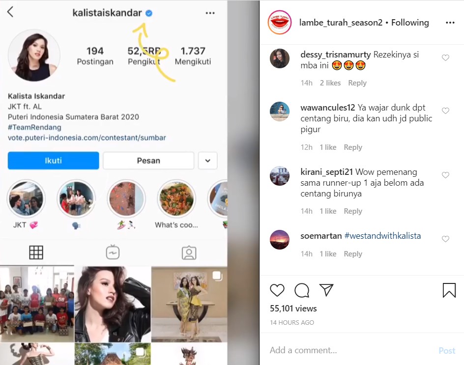 Gagal Menang Puteri Indonesia 2020, Akun Instagram Kalista Iskandar Dapat Centang Biru