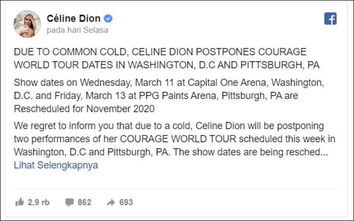 Celine Dion Mendadak Tunda Konser Usai Jalani Tes CoronaCeline Dion Mendadak Tunda Konser Usai Jalani Tes CoronaCeline Dion Mendadak Tunda Konser Usai Jalani Tes Corona