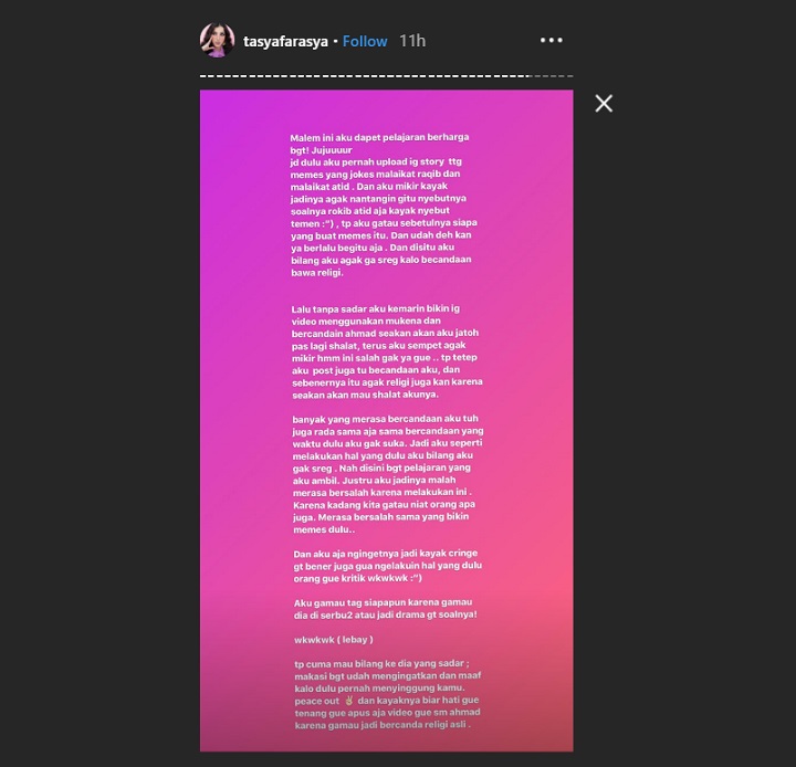 Sempat Mengkritik, Tasya Farasya Minta Maaf Karena Ikut Jadikan Salat untuk Bahan Candaan