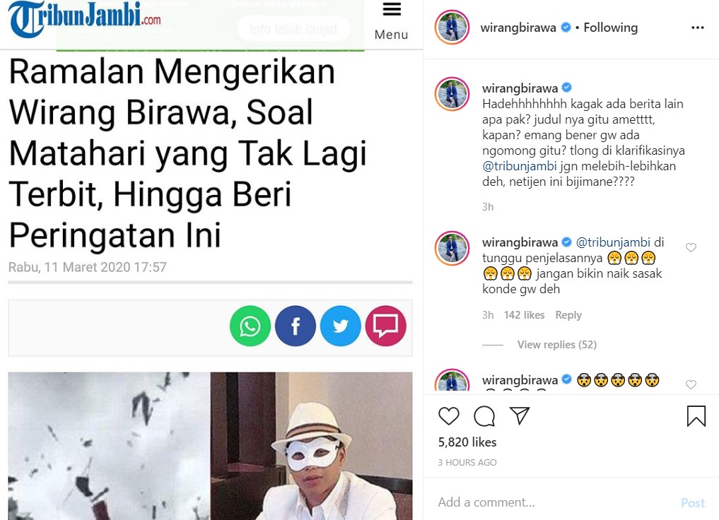 Tanggapan Wirang Birawa Ketika Ramalannya Dilebih-Lebihkan Oleh Portal Media Online