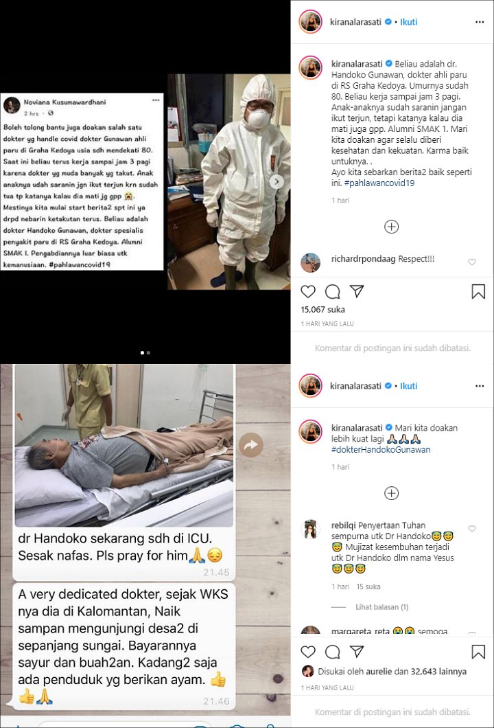 Kirana Larasati Kirim Doa untuk Kesehatan Dokter Handoko