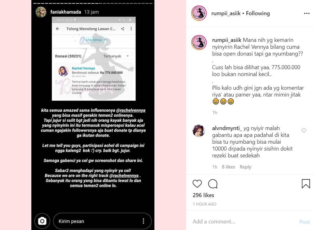 Disindir Cuma Buka Donasi, Rachel Vennya Sumbang Rp 775 Juta Untuk Lawan Corona