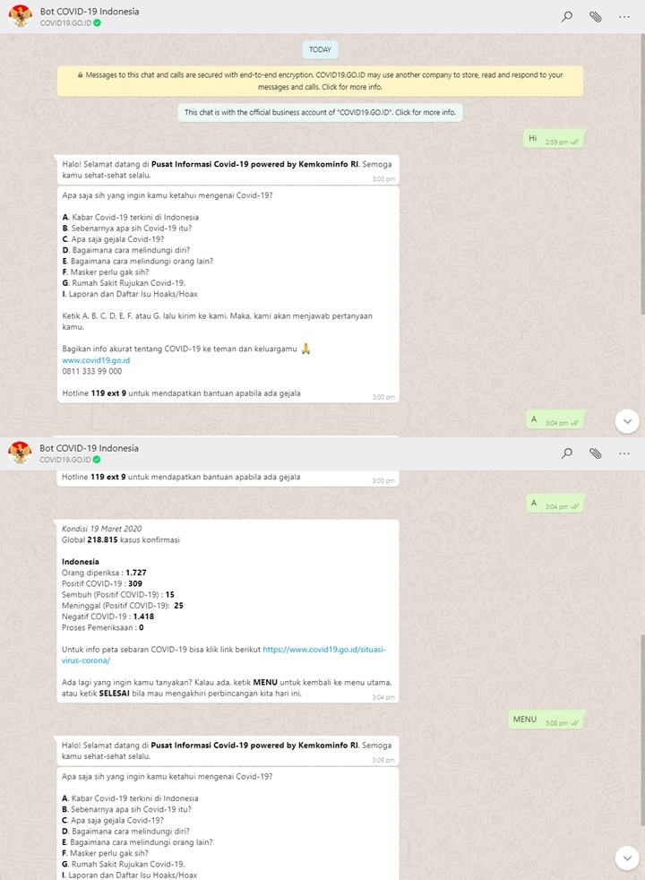 Usai Situs Resmi, Pemerintah Juga Luncurkan Chatbot WhatsApp Tanggapi COVID-19
