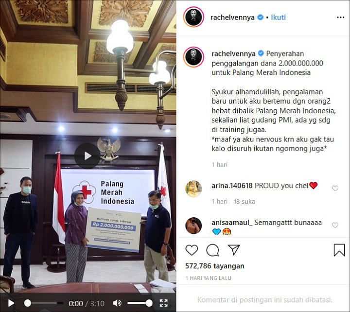 Rachel Vennya Serahkan Donasi Rp 2 Miliar ke PMI untuk Penanggulangan Virus Corona