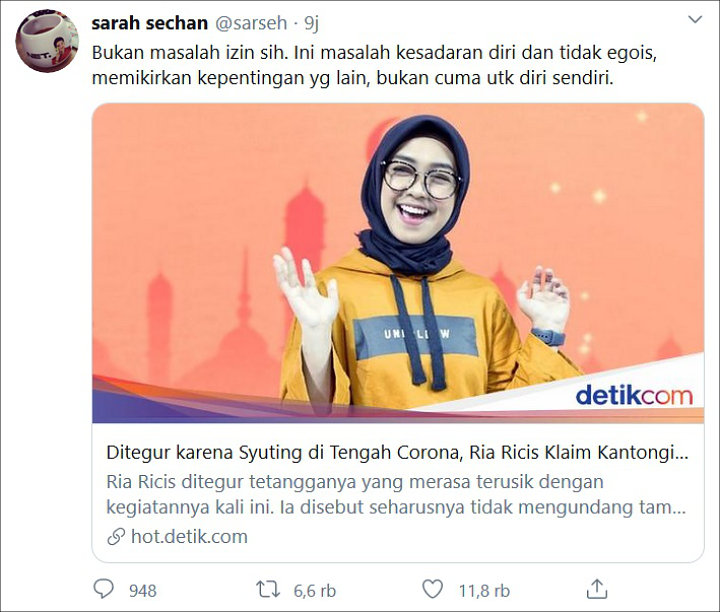 Sarah Sechan Ikut Komentar Soal Ria Ricis Bikin Keramaian Saat Pandemi Corona