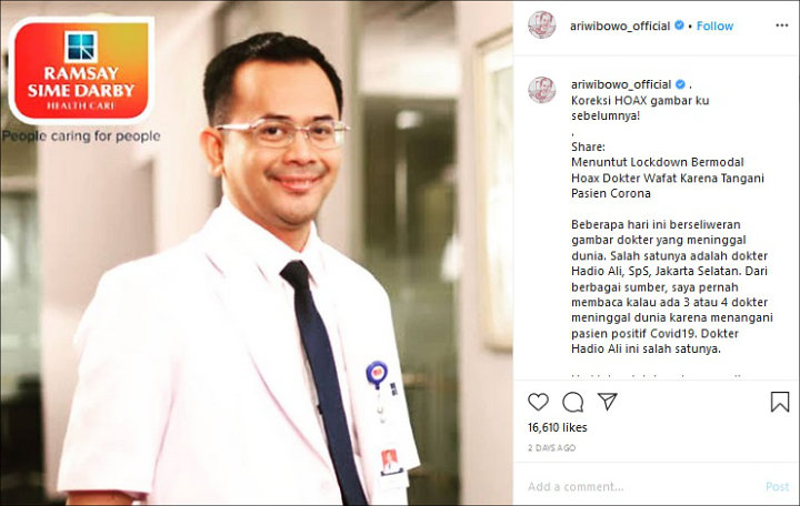 Ari Wibowo Minta Maaf Usai Posting Hoaks Soal Dokter yang Meninggal Karena Corona