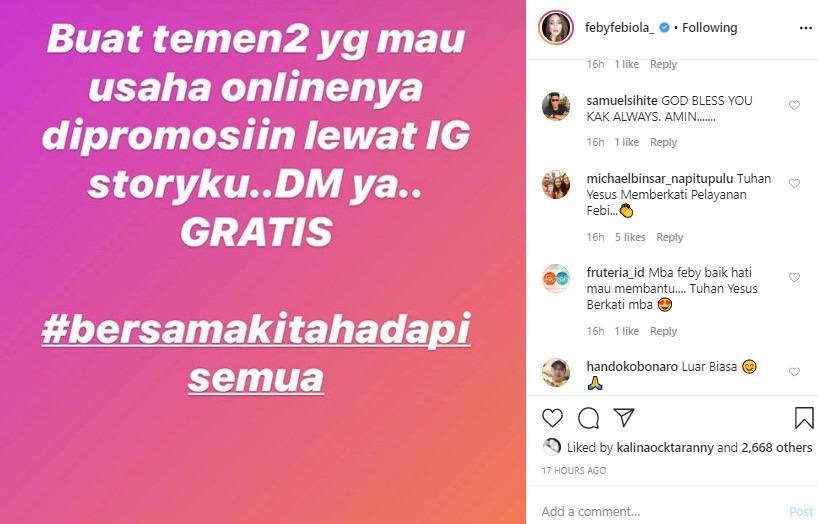 Feby Febiola Gratiskan Endorse Di Instagramnya