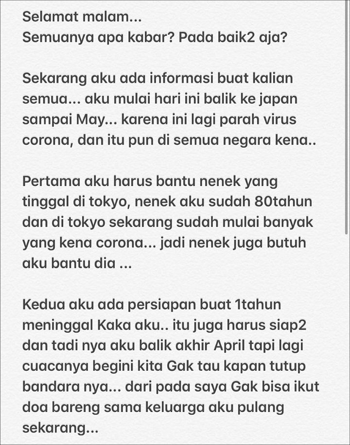Haruka Nakagawa Pamit Pulang ke Jepang di Tengah Corona Demi Rawat Sang Nenek