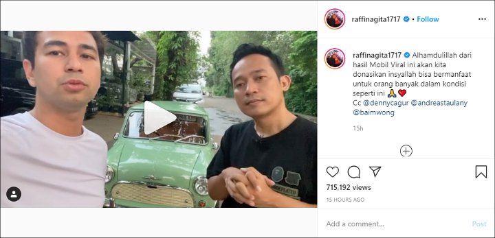 Mobil Viral Raffi Ahmad Laku Dibeli Denny Cagur, Hasilnya Didonasikan untuk Corona