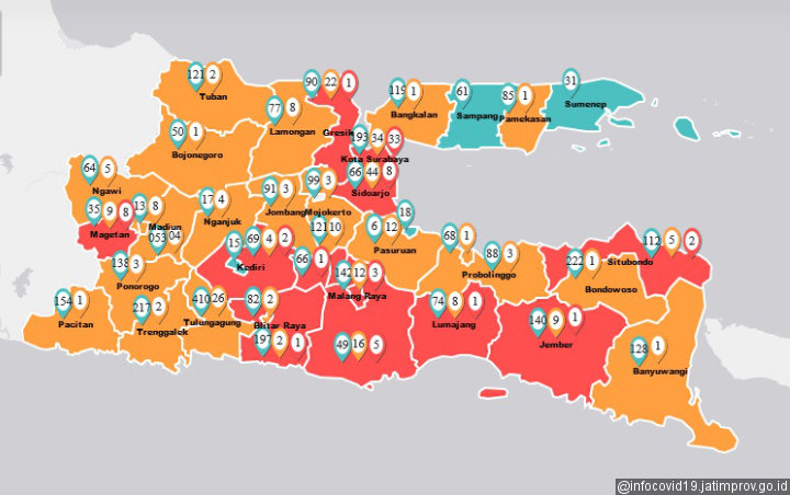 Kasus Positif Corona Tembus 66, Zona Merah COVID-19 di Jatim Bertambah Jadi 12