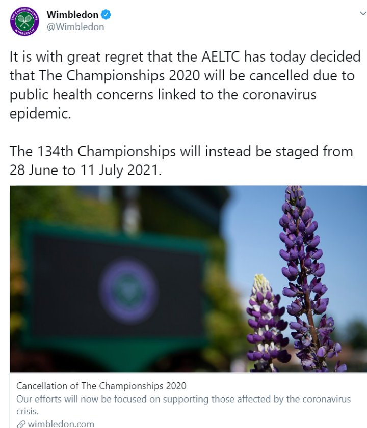 Imbas Pandemi Corona, Wimbledon 2020 Resmi Dibatalkan