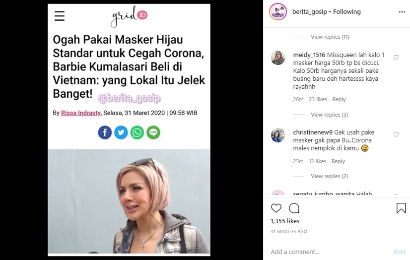 Barbie Kumalasari Tuai Cibiran Usai Ngaku Ogah Kenakan Masker Lokal dan Pilih Beli Di Vietnam