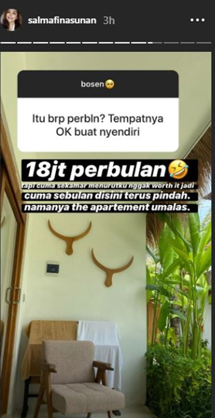 Isolasi Diri di Bali, Salmafina Sunan Habiskan Belasan Juta Untuk Sewa Apartemen