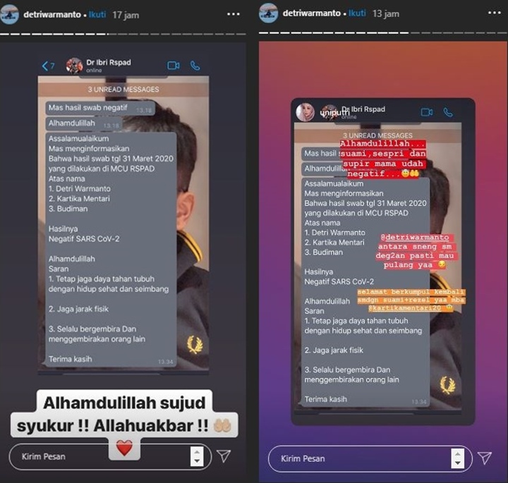 Detri Warmanto Langsung Sujud Syukur Usai Dinyatakan Sembuh dari Virus Corona