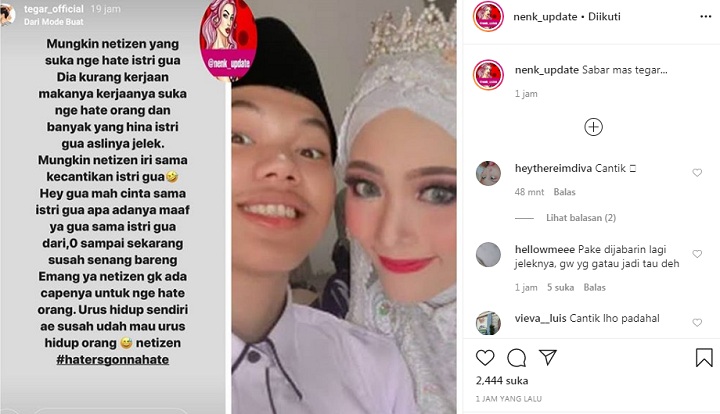 Tegar Balas Ocehan Netizen yang Sebut Sang Istri Aslinya Jelek