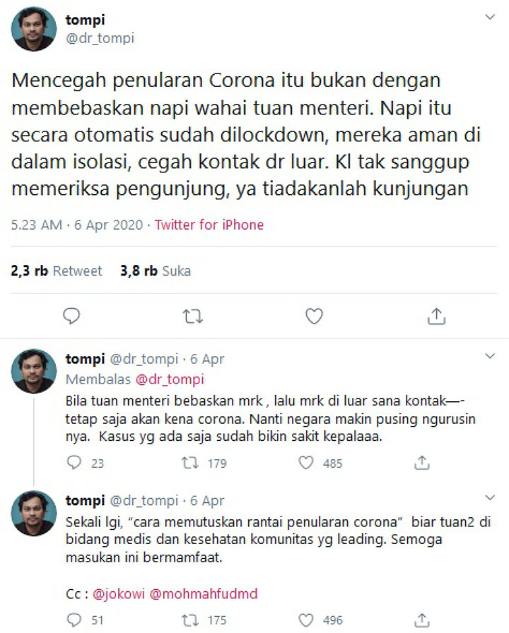 Tompi Protes Napi Bebas Gara-gara Corona Malah Dapat Wejangan dari Netizen