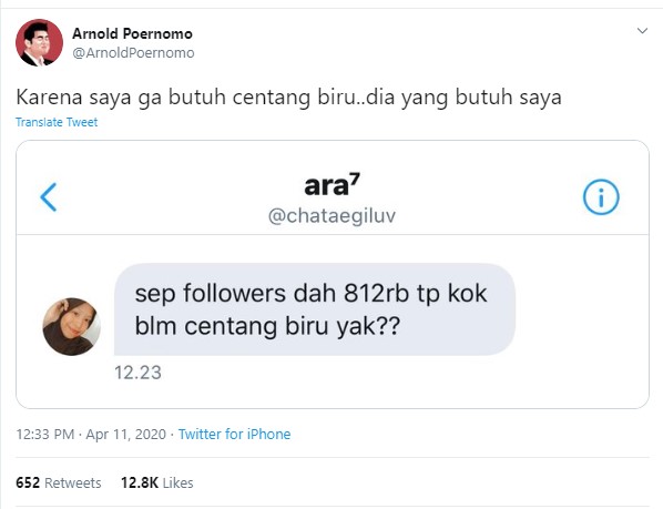 Chef Arnold Balas Menohok Saat Diledek Akun Twitter-nya Belum Dapat Centang Biru