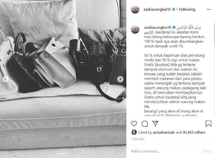 Lelang Sejumlah Tas Mahal, Zaskia Sungkar Beri Makan Gratis Korban Terdampak Corona